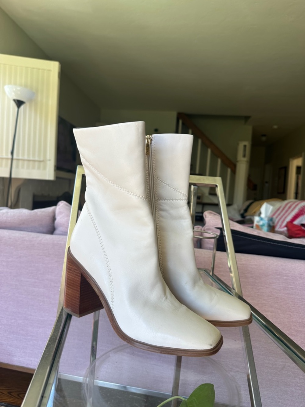 Women's Leather Mid-Calf Zip Block Heel Boots - White